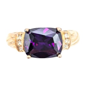 Sterling Ring with Purple Iolite and clear Rhinestones, Size 7, 4.76g,