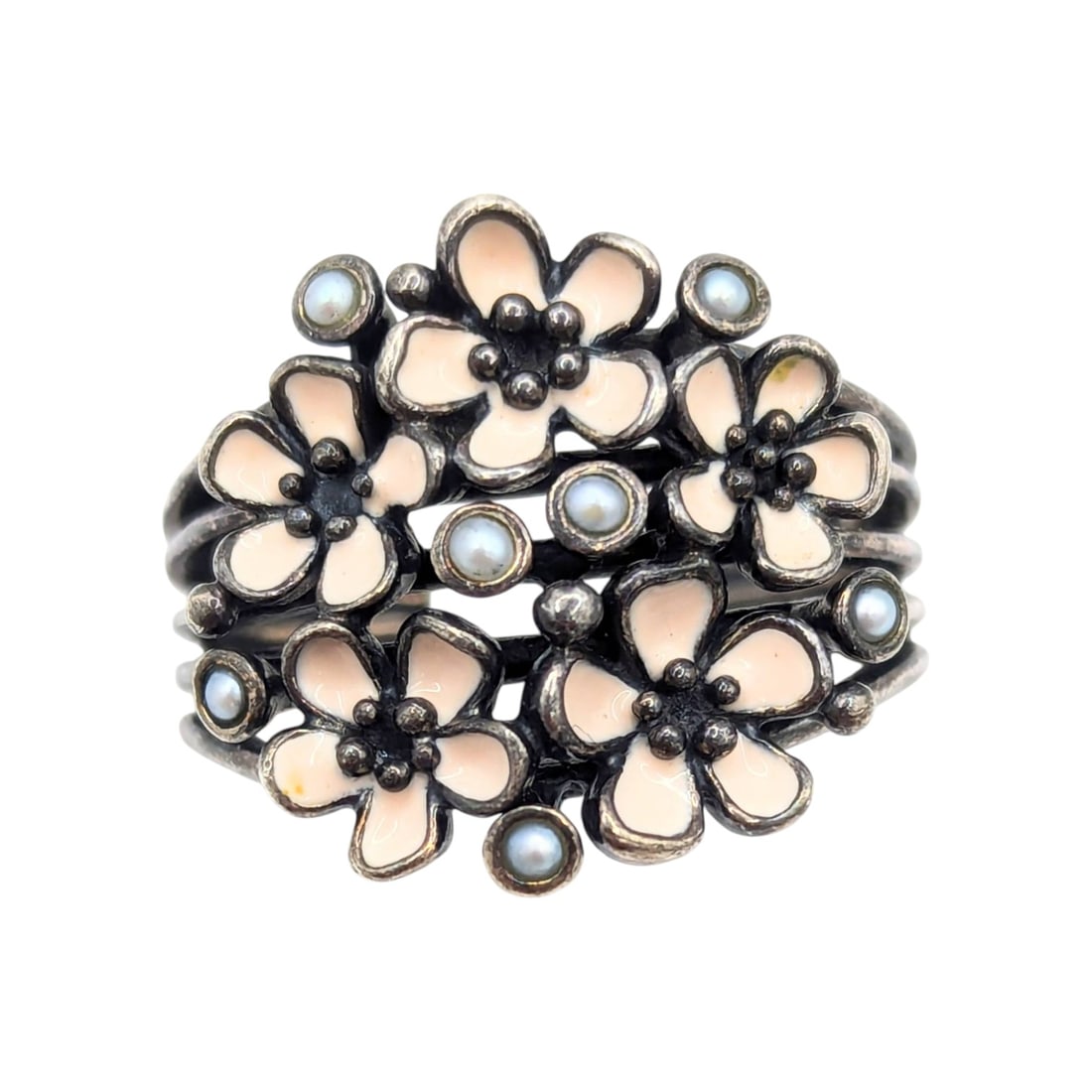 Sterling Enamel Floral Ring Size 7.25, 8g,: Sterling Enamel Floral Ring Size 7.25, 8g, ALE 56