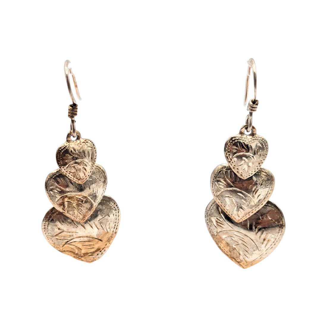 Sterling Triple Heart Dangle Earrings Etched Detailing 2.35g (1 of 6)