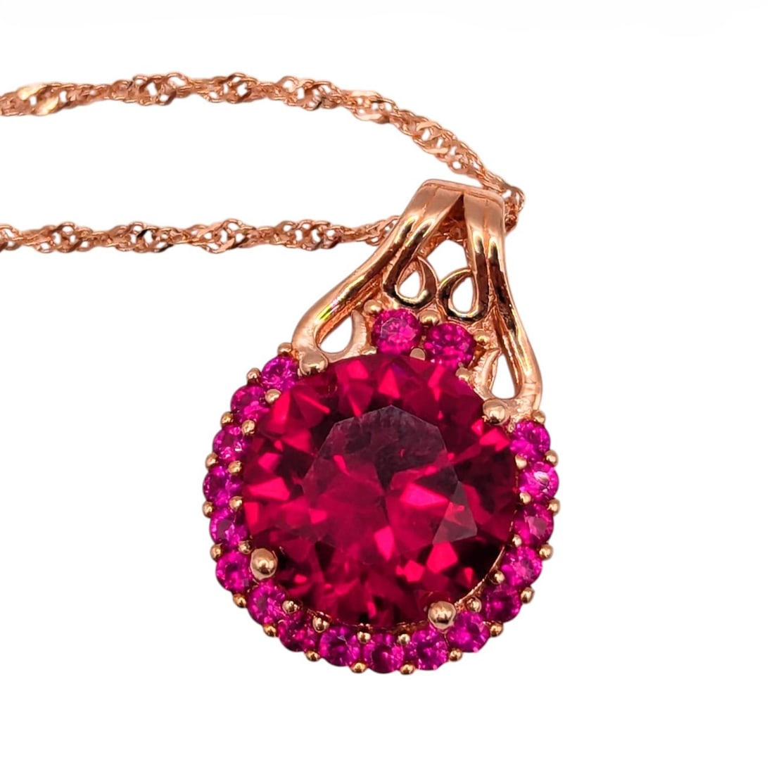 Sterling Rose Gold over, Singapore Chain Necklace with halo of Rubies around Red Ruby Pendant 8.56g (1 of 6)