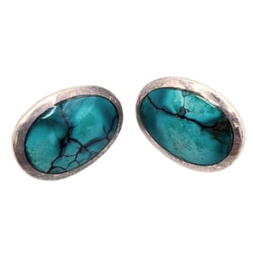 Sterling and Turquoise Oval Post Earrings 11.11g