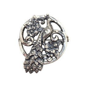 Sterling Peacock and Floral Motif Brooch 7.32g