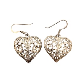 Sterling Filigree Heart-Shaped Dangle Earrings 4.64g