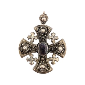 Sterling Cross Pendant with Amethyst Stone and Floral Detailing 14.53g