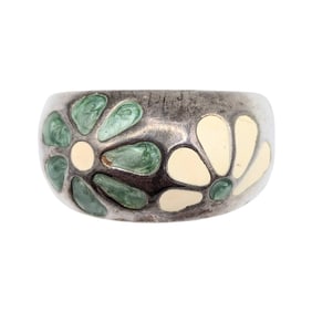Sterling Sterling Floral Enamel Inlay Ring, Size 9.5, 9.22g