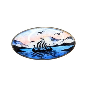 Sterling Viking Ship Enamel Scandinavian Brooch 9.1g