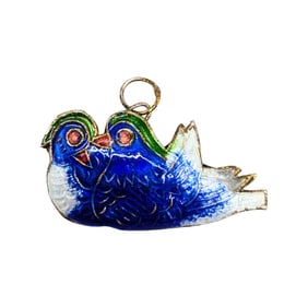 Enamel Blue and Green Lovebird Pendant with Gold-Tone Accents 2.0g