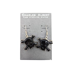 Charles Albert Fine Sterling Black Onyx Skull Earrings 10.51g