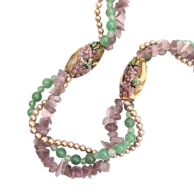 Multi-Strand Necklace with Purple Glass, Jadeite, and Faux Pearl 95.95g