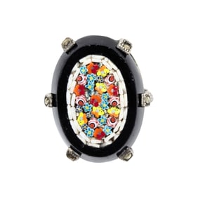 Sterling Micro Mosaic Black Oval Ring, Size 7.5, 7.26g