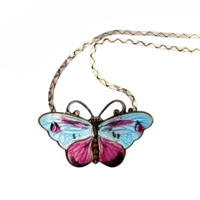 Sterling Enamel Butterfly Pendant with Cobra Necklace 4.34g