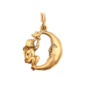14K Gold Moon and Angel Pendant Charm .72g