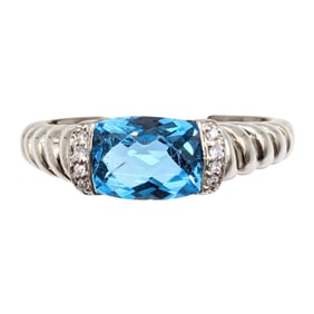 14K White gold Blue Topaz Diamond Ring Size 7, 3.16g