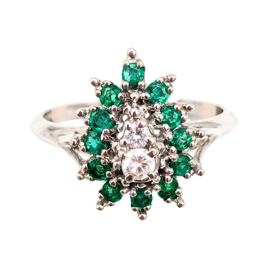 14K White Gold Emerald Diamond Ring Size 7.75, 3.65g (1 of 4)