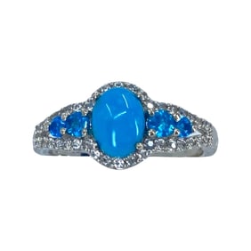 Remarkable Turquoise, Colorless Topaz, & Blue Rhinestone Sterling Silver Ring, sz 10, 3.46g