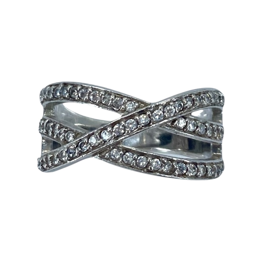 Classy Criss Cross Rhinestone Sterling Silver Ring, sz 7.5, 4.2g (1 of 6)