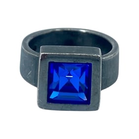 Chunky Square Blue Rhinestone Sterling Silver Ring, sz 9, 13g