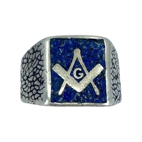 Oversized Masonic Crushed Lapis Lazuli Sterling Silver Ring, sz 11, 11.57g