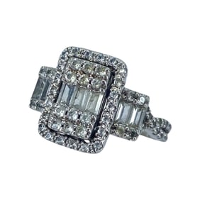 Overstated Round and Baguette Colorless Sapphire Sterling Silver Ring, sz 6.75, 4.64g