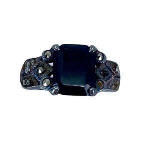 Old Fashioned Black Tourmaline & Marcasite Sterling Ring, sz 8.75, 6.83g