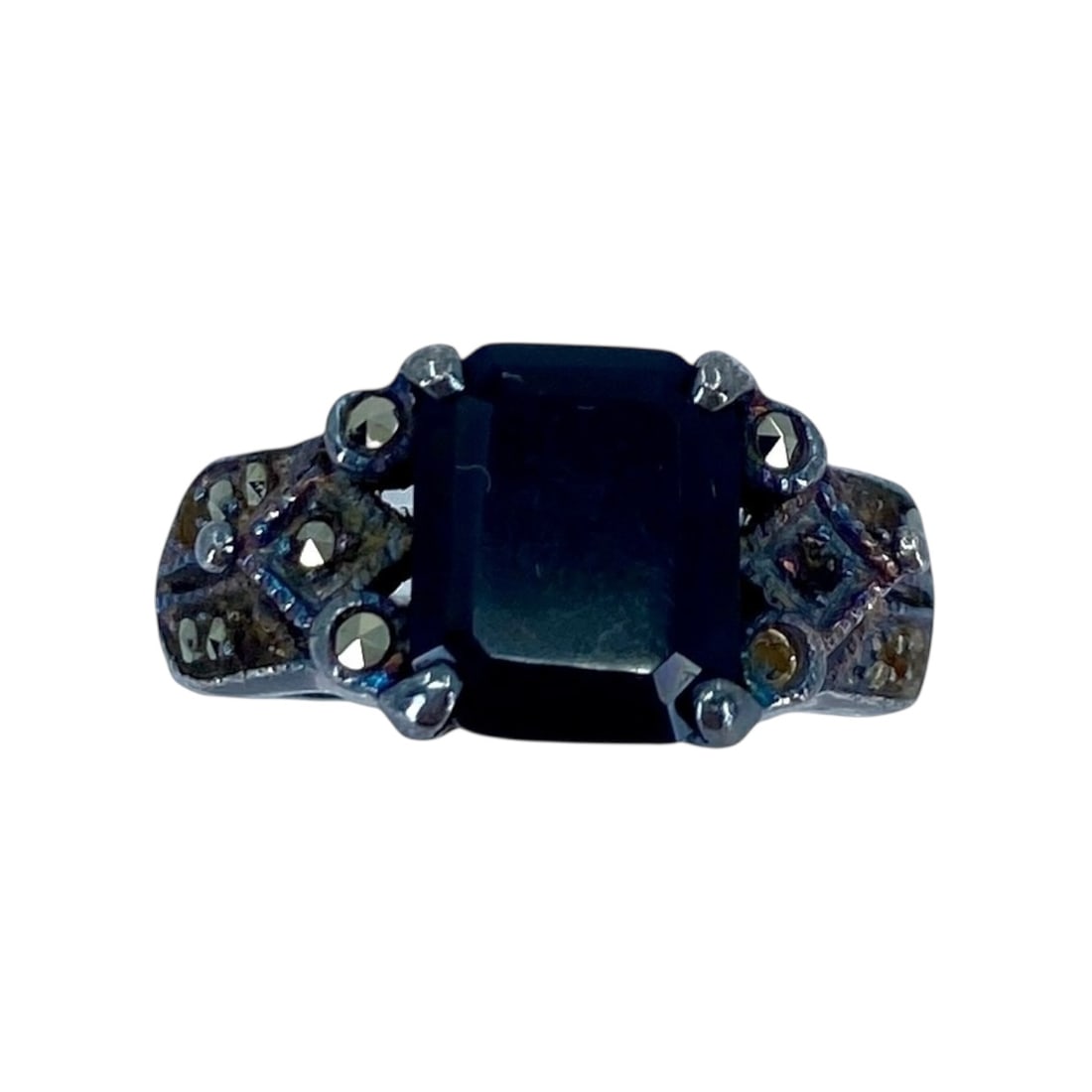 Old Fashioned Black Tourmaline & Marcasite Sterling Ring, sz 8.75, 6.83g (1 of 8)