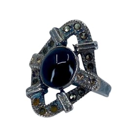 Vintage Black Tourmaline and Marcasite Sterling Silver Ring, sz 6.5, 5.5g
