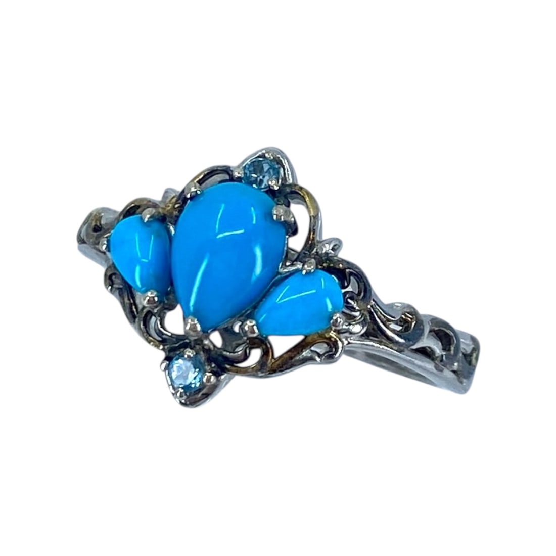 Elegant 3 Teardrop Turquoise Sterling Ring Blue Spinel, sz 10, 3.83g: Elegant 3 Teardrop Turquoise Sterling Ring w/ Blue Spinel, sz 10, 3.83g, engraved "STS 925"