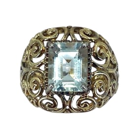 Emerald Cut Aquamarine Ross Rimmons Gold Over Sterling Filigree Cocktail Ring, sz 6, 5.91g