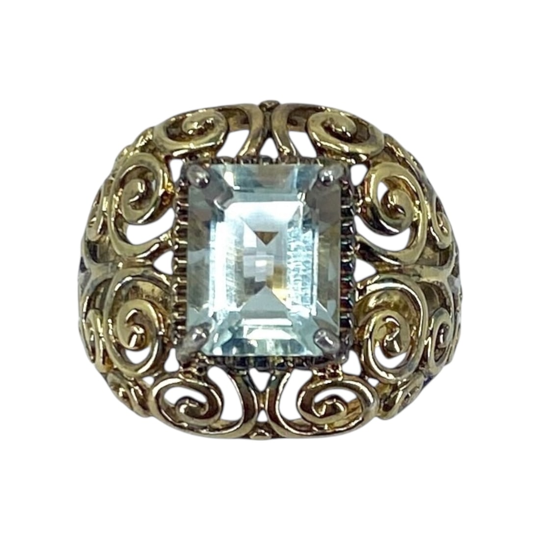 Emerald Cut Aquamarine Ross Rimmons Gold Over Sterling Filigree Cocktail Ring, sz 6, 5.91g: Emerald Cut Aquamarine Ross Rimmons Gold Over Sterling Filigree Cocktail Ring, sz 6, 5.91g, Engraved "925 R"