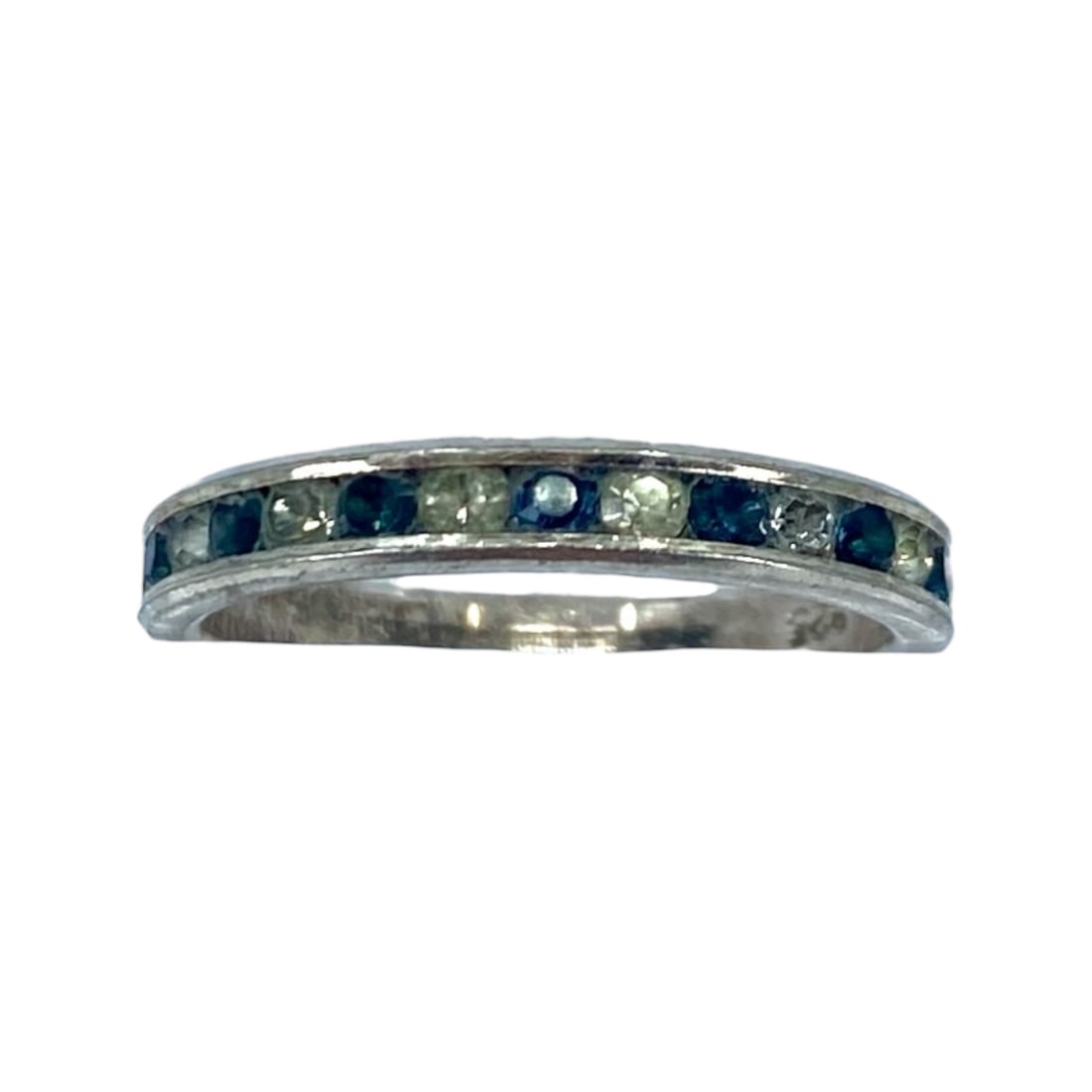 Sleek Alternating Rhinestone Sterling Silver Band, sz 6, 1.81g: Sleek Alternating Blue+Clear Rhinestone Sterling Silver Band, sz 6, 1.81g, Engraved "925"
