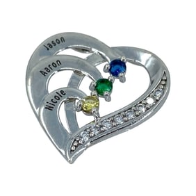 Engraved Multicolor Rhinestone Heart Sterling Silver Pendant, 3.08g