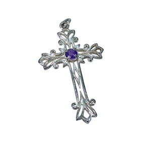 Gothic Sterling Silver Cross Signed Pendant with Purple Amethyst, 2.81g
