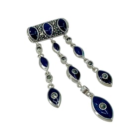 Marcasite Blue Enamel Evil Eye Sterling Silver Dangle Slide Signed Charm, 7.68g