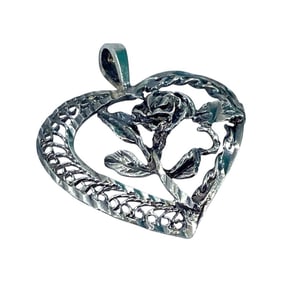 Vintage 14k Heart Flower Sterling Silver Pendant, 2.08g