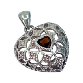 AVON Sterling Silver Filigree Heart Pendant With Red Cubic Zirconia, 3.42g