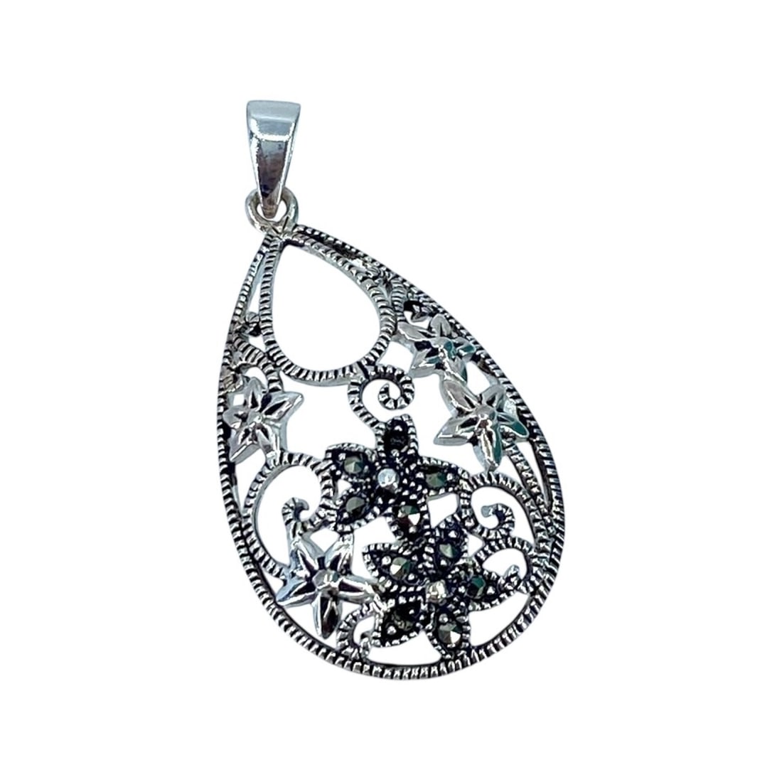 Floral Sterling Silver Marcasite Teardrop Signed Pendant, 2.81g (1 of 4)