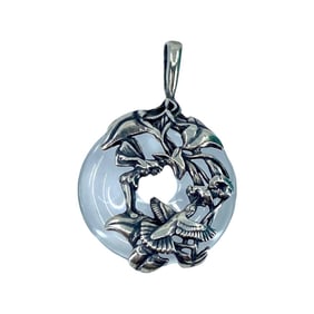 Vintage Mexico Hummingbird Feeding Flower Sterling Silver Pendant,11.32g