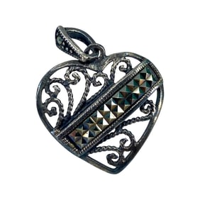 Vintage Sterling Silver Marcasite Filigree Heart Signed Pendant, 3.26g