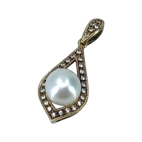 Beautiful Gold Over Sterling Silver Pearl and White Sapphire Teardrop Pendant, 1.82g