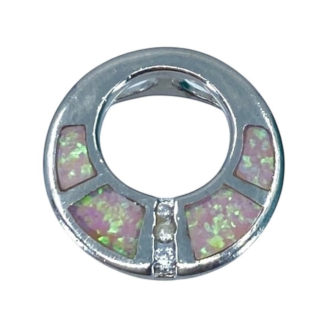 Interesting Sterling Silver Pink Opal and Rhinestone Circle Pendant, 4.27g: Interesting Sterling Silver Circle Pendant w/ Pink Opal & Rhinestone, 4.27g, Engraved "925"