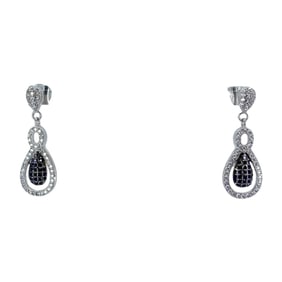 Sophisticated Teardrop Sterling Silver Earrings w/ Black Tourmaline + Rhinestone, 2.84g