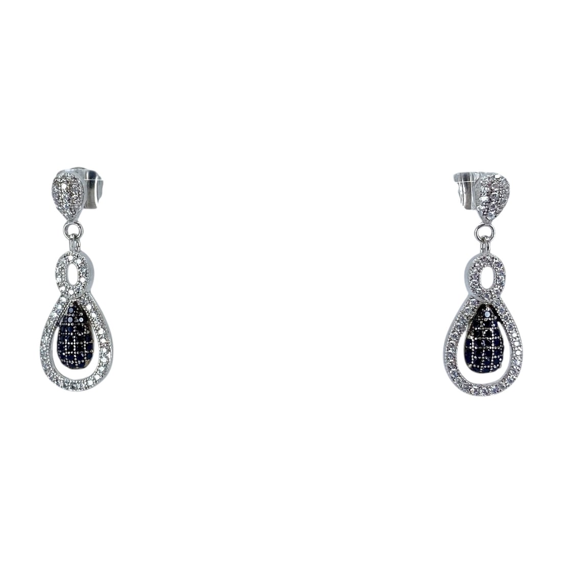 Sophisticated Teardrop Sterling Silver Earrings w/ Black Tourmaline + Rhinestone, 2.84g: Sophisticated Teardrop Sterling Silver Earrings w/ Black Tourmaline + Rhinestone, 2.84g, Engraved "925"