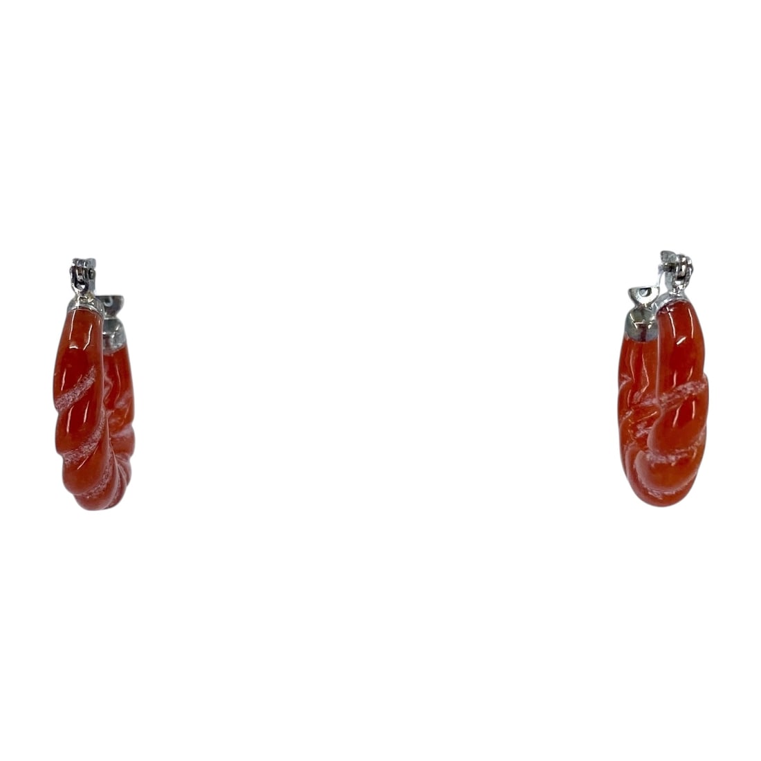 Twisted Red Jade Sterling Silver Hoop Earrings, 4.06g: Twisted Red Jade Sterling Silver Hoop Earrings, 4.06g, Engraved "925"