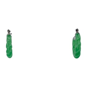 Twisted Green Jade Sterling Silver Hoop Earrings, 3.76g