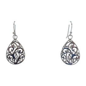 Elegant Filigree Swirl Teardrop Sterling Silver Signed Earrings, 4.48g