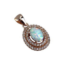 Lovely Rose Gold Over Sterling Silver Opal and Rhinestone Signed Pendant, 1.62