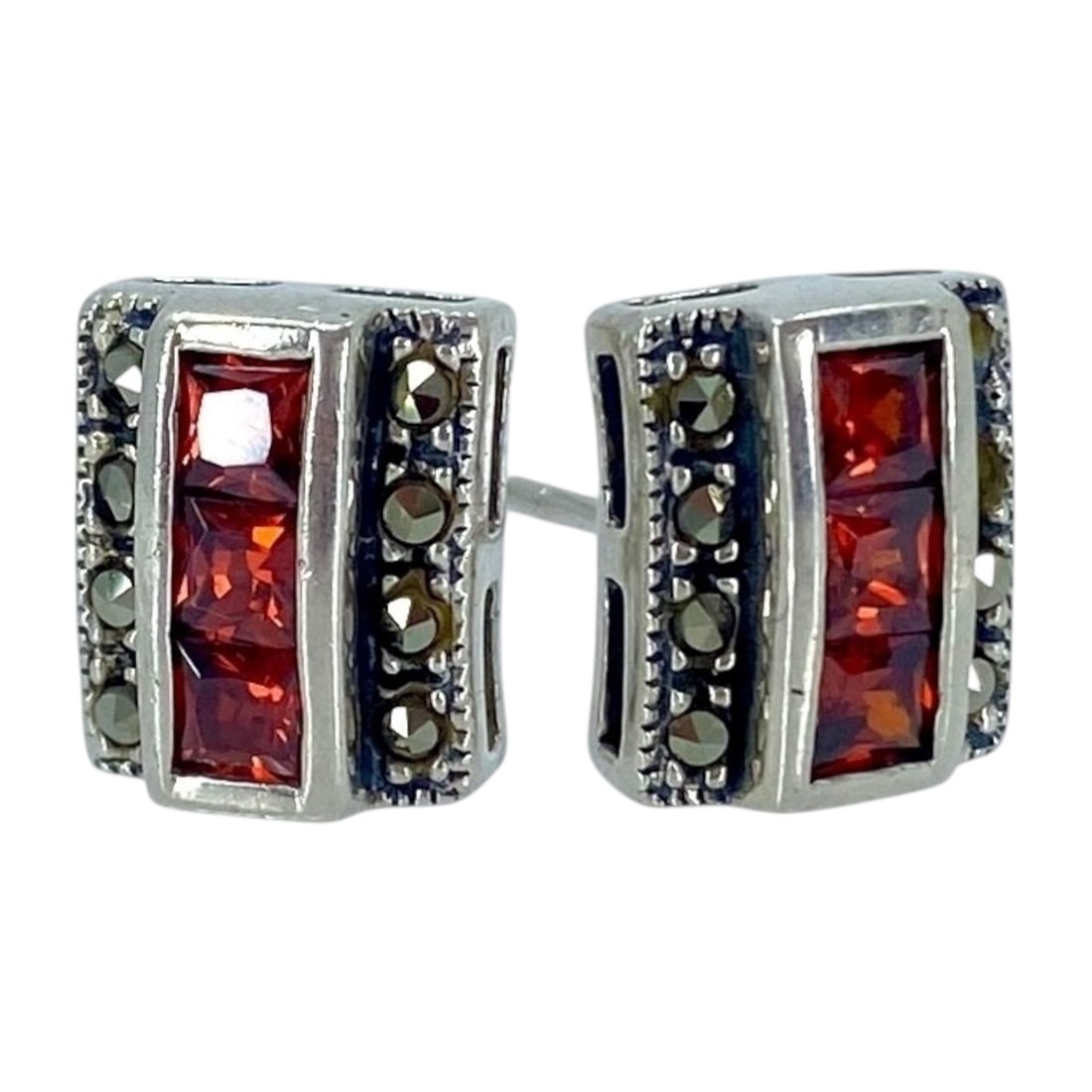 Vintage Sterling Silver Rectangular Stud Earrings w/ Marcasite & Red Rhinestone, 4.11g (1 of 5)