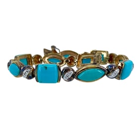 Lovely Ross Simons Turquoise and Diamond Gold Over Sterling Silver Tennis Bracelet, 7.75in, 18.76g