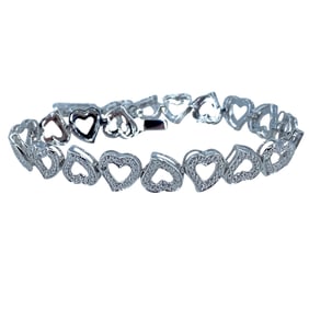 Romantic Diamond Sterling Silver Signed Heart Chain Tennis Bracelet, 7.75in, 12.1g