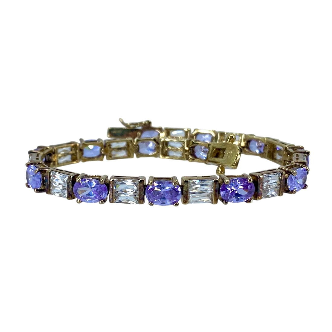 Stunning Purple Oval and Clear Baguette Rhinestone Gold Over Sterling Silver Signed Tennis Bracelet,: Stunning Purple Oval + Clear Baguette Rhinestone Gold Over Sterling Silver Signed Tennis Bracelet, 7.75in, 18.87, Engraved "C'o 925"